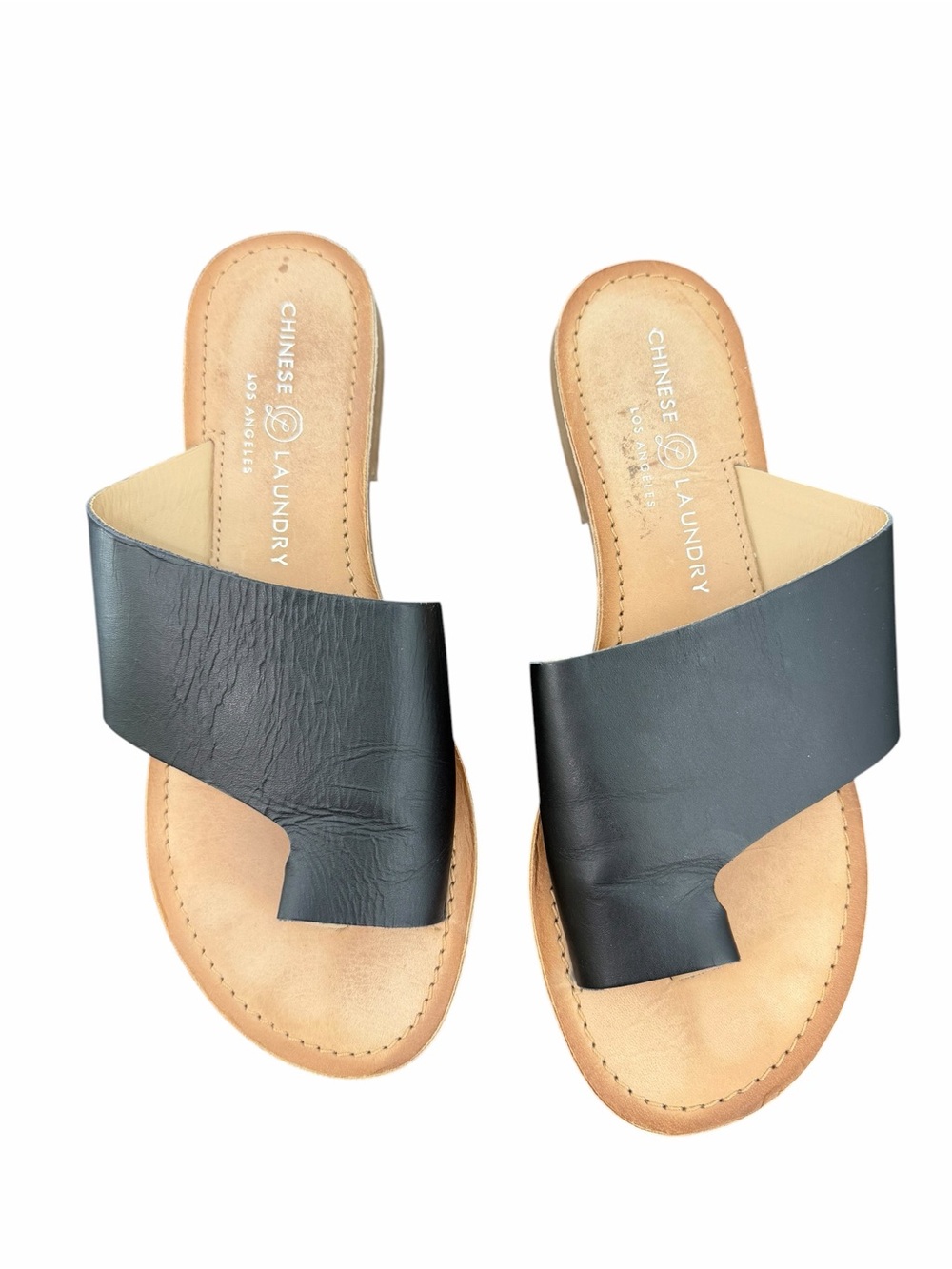 Chinese Laundry Gemmy Black Leather Asymmetric Slide Sandals